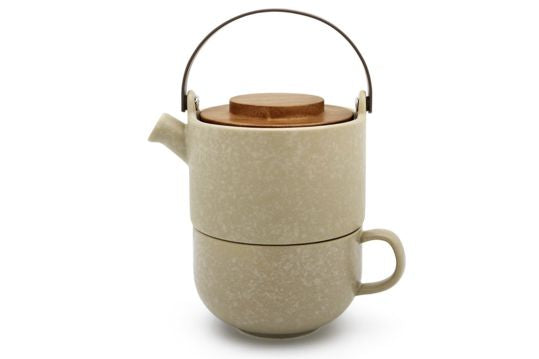 Theetas en theepot voor een persoon, greige