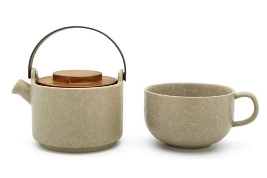 Theetas en theepot voor een persoon, greige